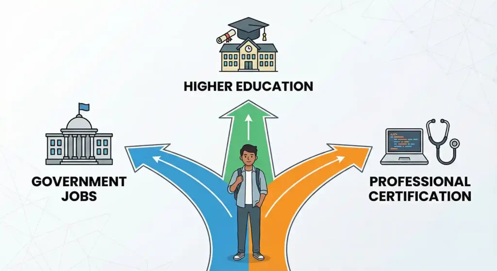 Illustration showing competitive exam career paths in India including government jobs, higher education, and professional certification