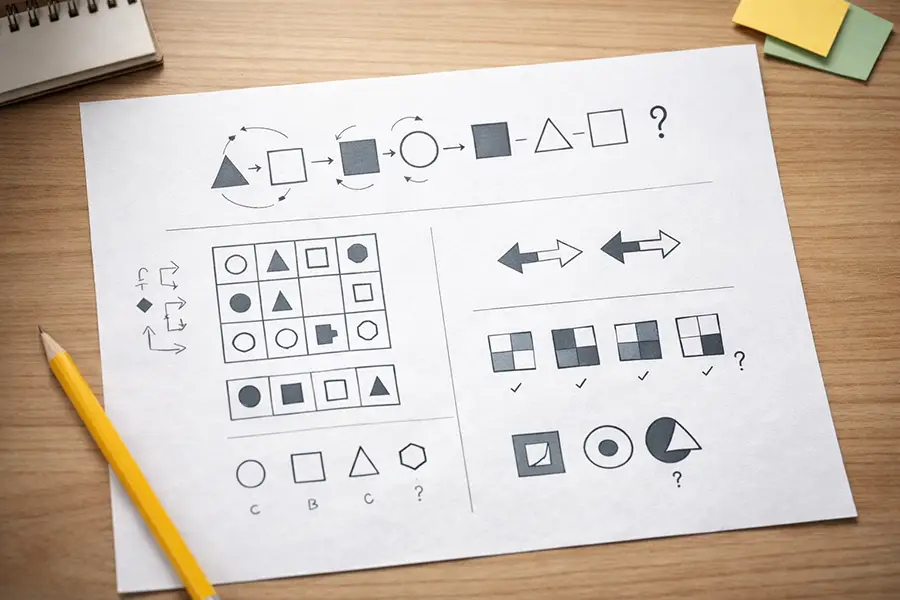 Non-verbal reasoning questions examples including classification analogy series completion mirror images water images figure matrix paper folding and cutting embedded figures