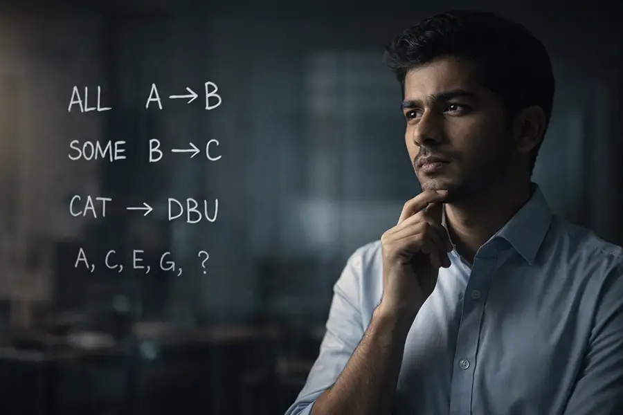 Verbal reasoning questions examples including assumptions arguments conclusions cause and effect course of action coding decoding series blood relations directions puzzles syllogisms